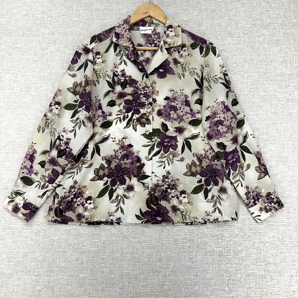 BonWorth Shirt Womens Medium Petite Purple Floral Button‎ Front Blouse Top